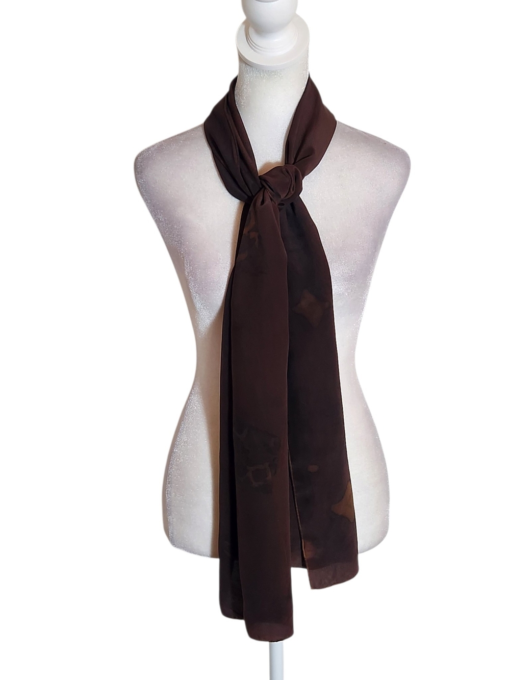 Dark Brown Lightweight Scarf Silk Feel Unique Print 10.5 x 64